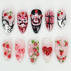 Unique Gothic Cherry Press On Nails | Luxury Red and Black Gothic Nail | Pearl Accented Gothic Nail |Unique and Artistic Nail Design|JB623HC