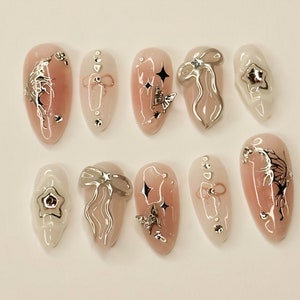 Sliver Butterflies Press On Nails | Pink Nail Art with Sliver Bows | Cute Nails | Almond Press On Nails | JC147S