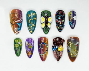 Cosmic Fantasy Press On Nails | Cosmic Star Moon Nail Art Set | Moon Star 3D Press Ons | Galaxy Vibe | Night Sky Design | JB728HC