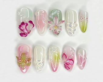 Orchid Dreams 3D Press On Nails | Delicate Hand-Painted Flowers | Handmade Nail Art with Soft Blossoms | Soft Pastel Tones | JC519H