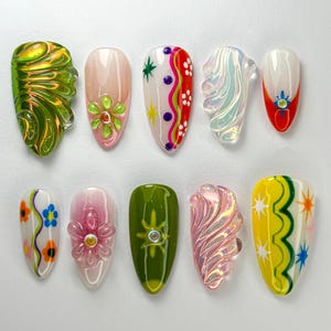 Summer Colorful Abstract Press On Nails By SevenNailArt | Handmade Colorful Press-On Nail Art | 3D Floral & Holographic | JC716HC