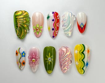 SevenNailArt による夏のカラフルな抽象的なプレスオンネイル | 手作りのカラフルなプレスオンネイルアート | 3D フローラル & ホログラフィック | JC716HC