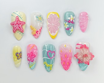 Tropische Sommer Press-On Nägel | Helles Pink & Gelbes Nail Art | Sommer Inspiriert Nagel Design | Niedliches Strand Nagel Set | Tropische Stimmung |JB738HK