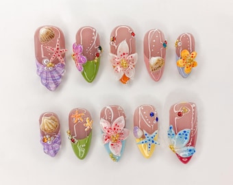 Ocean Bliss Press On Nails | Seashell & Starfish Nail Art | 3D Jelly Orchids Nail Art | Beach Vibes Press On | Under the Sea Nails | JB439SL