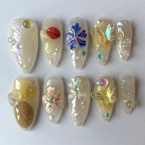 Dreamy Garden Flower Press On Nails | 3D Jelly Orchad,Blossom in Fake Nails |Floral Nails with Butterfly Press Ons | Fairycore Nails |JC120A