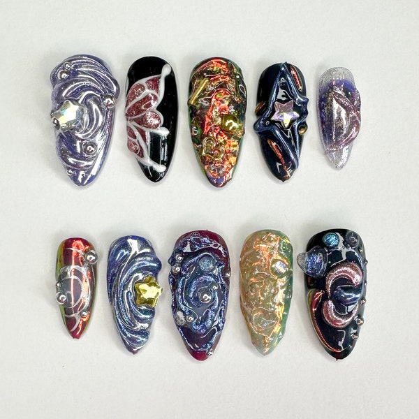 Presse galactique 3D sur les ongles | Presse à ongles artisanale avec motifs cosmiques et étoiles (fr) | Parfait pour un look audacieux | Gel 3D x ongles | JB331AC
