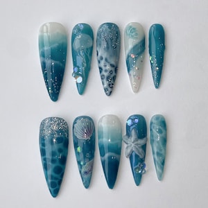 Ocean-inspired Press On Nails | Stunning Shell and Starfish Design On Fake Nails |Ocean nail art| Jellyfish Pattern on Acrylic nails |JC159A
