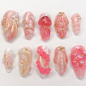 Ocean-inspired Press On Nails | Tropical Beach Designs with Jellyfish, Seashells, and Starfish | Summer Handmade Press On Nails |JB366AL