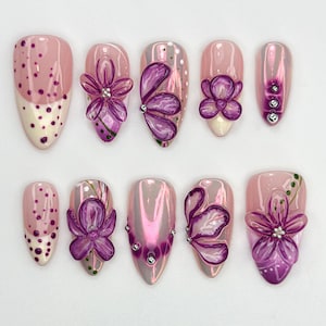 Glossy Purple Flower Press On Nails | 3D Floral Chrome Nails | Handmade Long Nails | Sparkling Violet Flower Tips| Elegant Nail Set |JB770HC