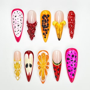 Tropische Früchte drücken auf die Nägel | 3D Früchte Nagelkunst | Sommer Papaya Drachenfrucht Nägel | Lebendiges handgemachtes Nagelset | Süßes Obst Design | JB908HK