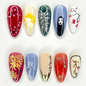 Ghibli Cartoon Press On Nails | Japan Inspired Nail Art | Custom 3D Handpainted Long Almond Press Ons | Birthday, Party, Cosplay | JC338A