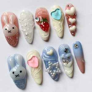 Miffy Long Almond Press On Nail | Cute Bunny False Nails Art | Nails for Holiday Birthday Easter | Gift for Her | JC204S