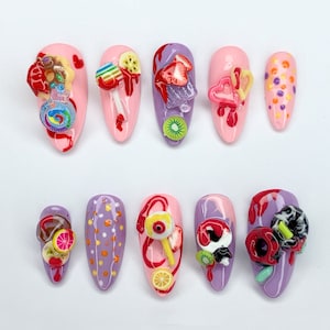 Fun and Whimsical 3D Nail Art Set | Candy and Fruit Designs | Sweet Press On Nails | Handmade Press On Nails | JB420SV