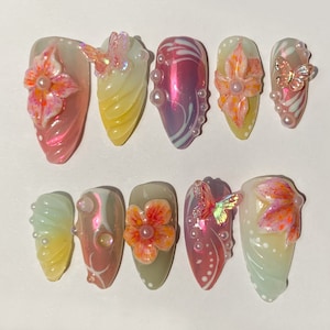 Dreamy Flowers Press On Nails Almond | Pastel Orchid Nail Art | 3D FairyCore Flower Press Ons | Romantic Nail Art in Fake Nails | JB255SK