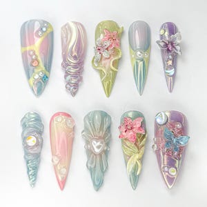 Fairycore Pastel Floral Press-On Nails | Pastel Nature-Inspired Nail | Dreamy Iridescent Design | Butterfly 3D Nail Art | JB730HK