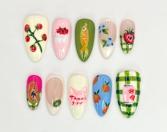 Longs ongles en amande personnalisés Fruit Garden | Décoration d'ongles pastèque, fraise et agrumes peinte à la main | Dessins d'ongles végétaliens | JB525HC
