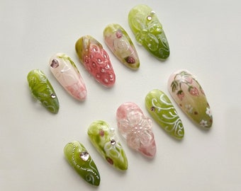 Dreamy Strawberry Garden Nails | Stand Out with 3D Gel Nail Set | Floral and Strawberry Patterns | Dreamy Garden on Your Fingertips | J94