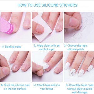 Peut inclure: Un guide &eacute;tape par &eacute;tape sur la fa&ccedil;on d'utiliser des autocollants en silicone pour appliquer des faux ongles. Le guide montre une main utilisant une lime &agrave; ongles, une lingette imbib&eacute;e d'alcool, un autocollant en silicone, puis appliquant un faux ongle.