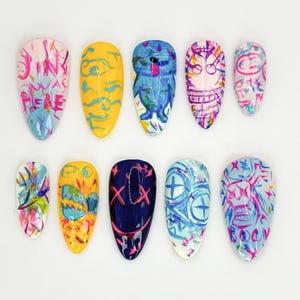 Jinx-Inspired Press On Nails | League of Legends Jinx Nail Art | Colorful Jinx Theme Nail Design| Limited Edition for Gamers & Fans |JB636HC