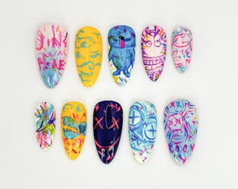 Jinx-Inspired Press On Nails | League of Legends Jinx Nail Art | Colorful Jinx Theme Nail Design| Limited Edition for Gamers & Fans |JB636HC