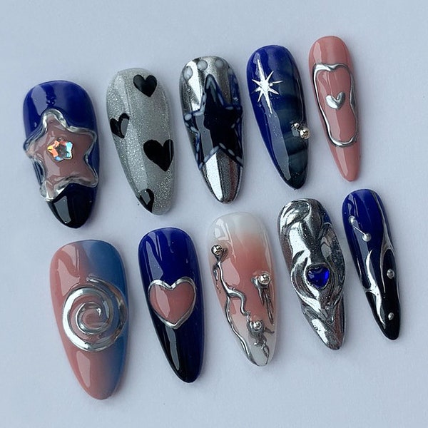 3D Freestyle Press On Nails | Dark Blue Ombre Handpainted Nail Set | Lovely Heart 3D Gel in Fake Nails | Gorgeous Nails | Acubi Nails | J31