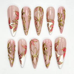 Elegant Pink Press On Nails | Blush Floral Nail Art | 3D Gold Vine Nails | Romantic Wedding Nails | Handmade Luxury Press Ons| JC842HK