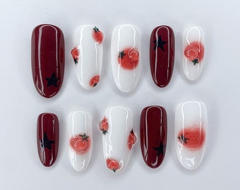 Stunning Tomato Press On Nails | Food Lover Style Nails | Red and White Nail Set | Short Long Almond Nails | Y2K Nails | JC274A