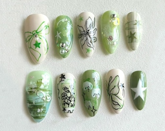 Spring Garden Press-On Nails | Green Leaf & Floral Designs | Handcrafted Faux Nail Art Set | Trendy Nail Art | Unique Handmade Nails |JB534H