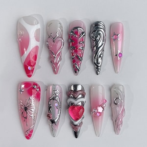 Y2K-inspired Press On Nails | 3D Pink Heart Chrome Cute Valentine Fake Nails | Acrylic Heart and Butterfly Nails Art | 3D GelxNail | JC106A