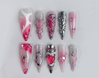 Y2K-inspired Press On Nails | 3D Pink Heart Chrome Cute Valentine Fake Nails | Acrylic Heart and Butterfly Nails Art | 3D GelxNail | JC106A