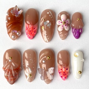 Cute 3D Flower & Butterfly Medium Almond Press On Nails | Handmade Gel False Nails for Birthday Event Party Holiday Vacation | JC220S