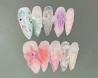 Jelly Sparkling Press On Nails | Custom 3D Floral Nail Set | Nails For Summer with Colorful Designs | Fairycore Nails | Y2K Nails | JC343A