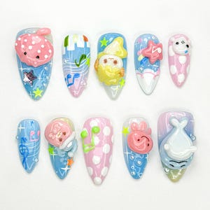 Ocean Cutie Characters Press On Nails | 3D Pastel Marine Animals | Kawaii Sea Nail Art | Cartoon Seal Whale Jellyfish Nails | JB890HC