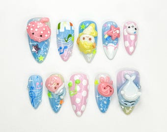 Unhas de pressão com personagens fofinhos do oceano | Animais marinhos em 3D em tons pastéis | Arte de unhas kawaii no mar | Unhas de desenho animado de foca, baleia e água-viva | JB890HC