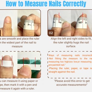 May include: An instructional image titled "How to Measure Nails Correctly." It shows steps for measuring nails with a ruler and tape, including how to align the ruler and avoid common mistakes. The image includes text and diagrams.