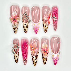 Tropical Safari Bloom Press On Nails | Leopard Flower Nail Art | 3D Hibiscus Jungle Nails | Pink Summer Glam Press Ons | JC928EK