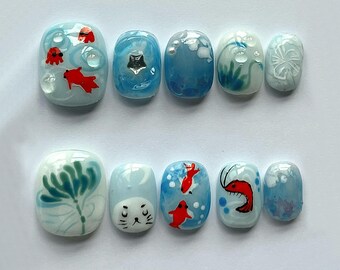 Uñas postizas inspiradas en el océano / Uñas almendradas / Juego de uñas de playa, mar y verano / Uñas postizas cortas / Uñas bonitas, uñas postizas / JC191A