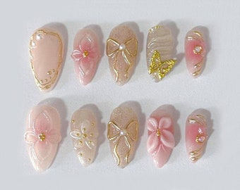 Glamorous Pink Press On Nails | Gold Butterfly Press On Nails with Bows and Flowers | Stand Out with 3D Gel Nail Set | JC319S