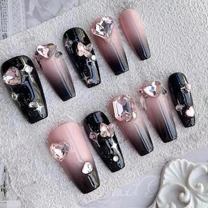 Pink and Black Ombre Press On Nails with Stunning Gemstone | Coffin Nails | Black Ombre in Fake Nails | Abstract Nails | Press Ons | JC46S