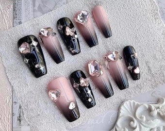 Pink and Black Ombre Press On Nails with Stunning Gemstone | Coffin Nails | Black Ombre in Fake Nails | Abstract Nails | Press Ons | JC46S