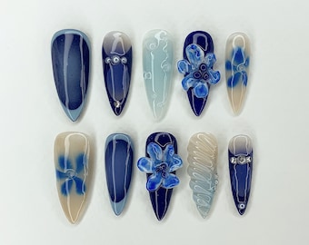 Stunning Blue Press On Nails | Dark Blue Ombre Nail Set | Custom 3D Orchad Flower Fairy Handmade Designs | Summer Almond Nails | JC349YK