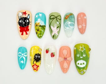 Studio Ghibli-inspirierte Press On Nägel | Totoro und Kiki Nail Art | Kawaii Anime 3D Design | Skurril Anime & Natur Nail Art | JB543HK