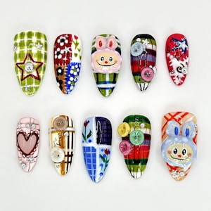 Custom Labubu Press-On Nails | Fun and Playful Labubu Nails with 3D Elements and Hearts | Whimsical and Unique Style | Cute Design | JB612HC