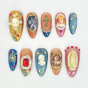 Uñas postizas góticas religiosas / Temática de la Virgen María, la cruz y la luna / Elegante juego hecho a mano / Arte de uñas de la Virgen María / JB635HK