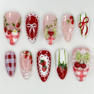 Strawberry Picnic Press On Nails | Cute 3D Strawberry And Bow Nail Art | Gingham Vintage Picnic Nails | Red & Pink Summer Nails | JB822HC