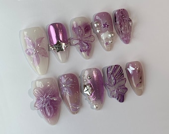 3D Dry Orchard Flower Press On Nail | Custom Handpainted Acrylic Purple Spring Fake/False Nails | Floral Nails | Fairycore Nails | J128