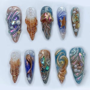 Free Style Chrome Long Almond Nails |Custom Colorful 3D Metallic Jellyfish Gel Nail Art | Blue & Orange Ombre Handpainted Nail Set | JB335AL