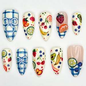 Fruit Picnic Press On Nails | Hand-Painted Fruit Nail Art | Summer Citrus Nail Design | Plaid Bow Cute Press Ons | Colorful Nails | JB853HC