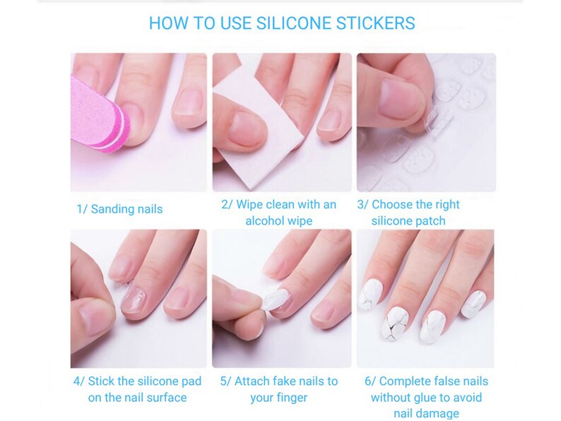 May include: A step-by-step guide on how to apply silicone stickers for false nails. The image shows six steps: sanding nails, cleaning with alcohol wipe, choosing a silicone patch, applying the pad, attaching fake nails, and completing the process.