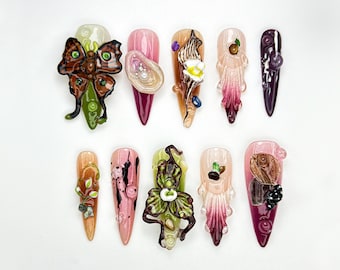 3D Abstract Garden Press On Nails | Surreal Naturecore Nails | Handmade Butterfly & Bloom Set | Artcore Forest Nails | JB883HC